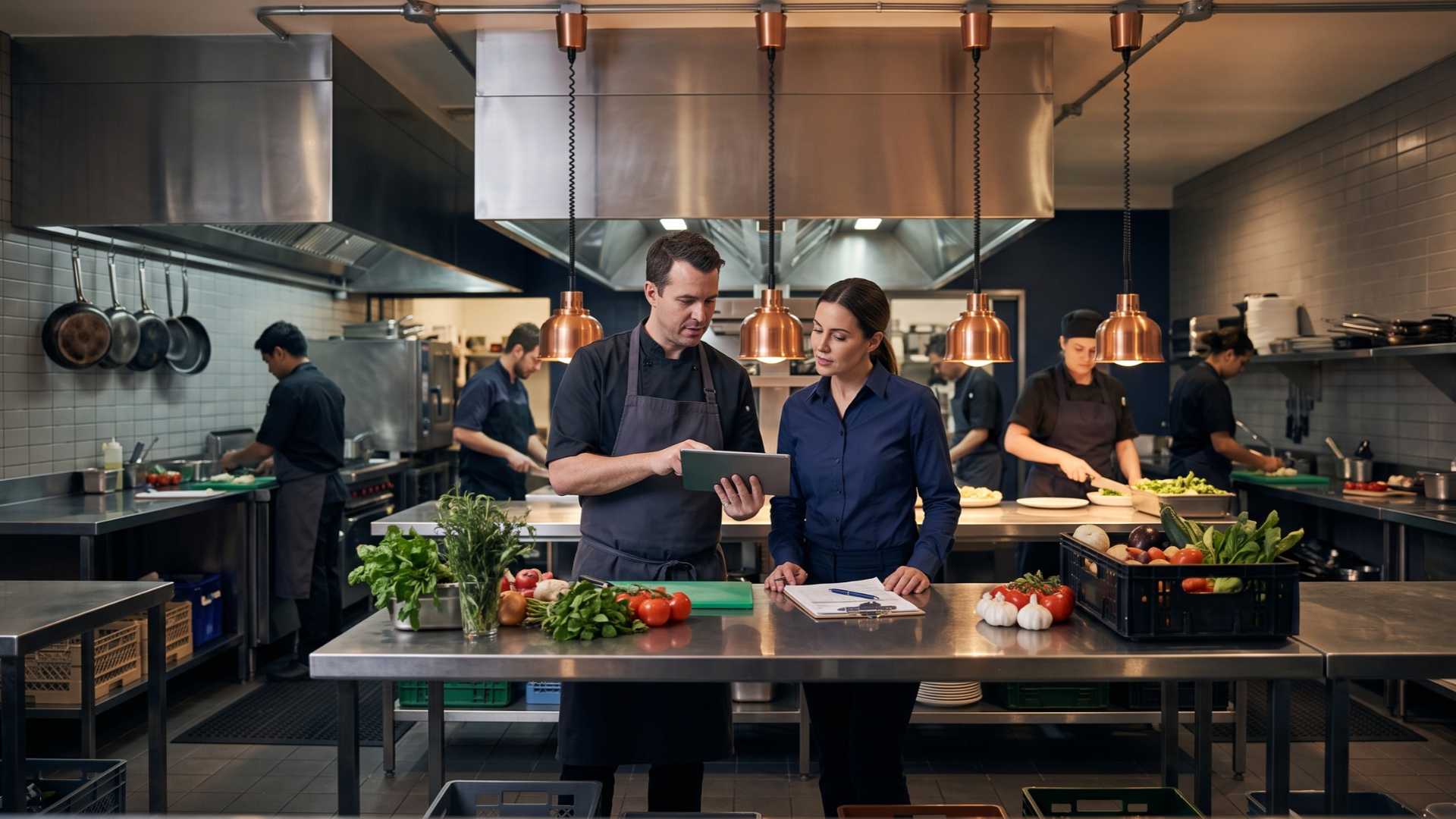 Head chef and operations manager reviewing recipe costs and margins on a tablet in a busy restaurant kitchen.