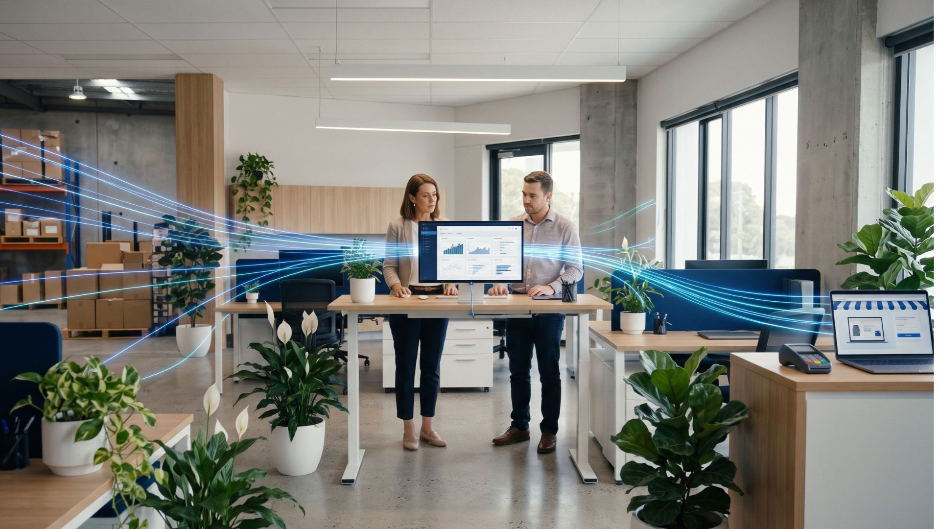 Two managers in a bright office review a central dashboard connected by glowing data streams to warehouse, ecommerce and payment systems, showing digital transformation technologies working together.