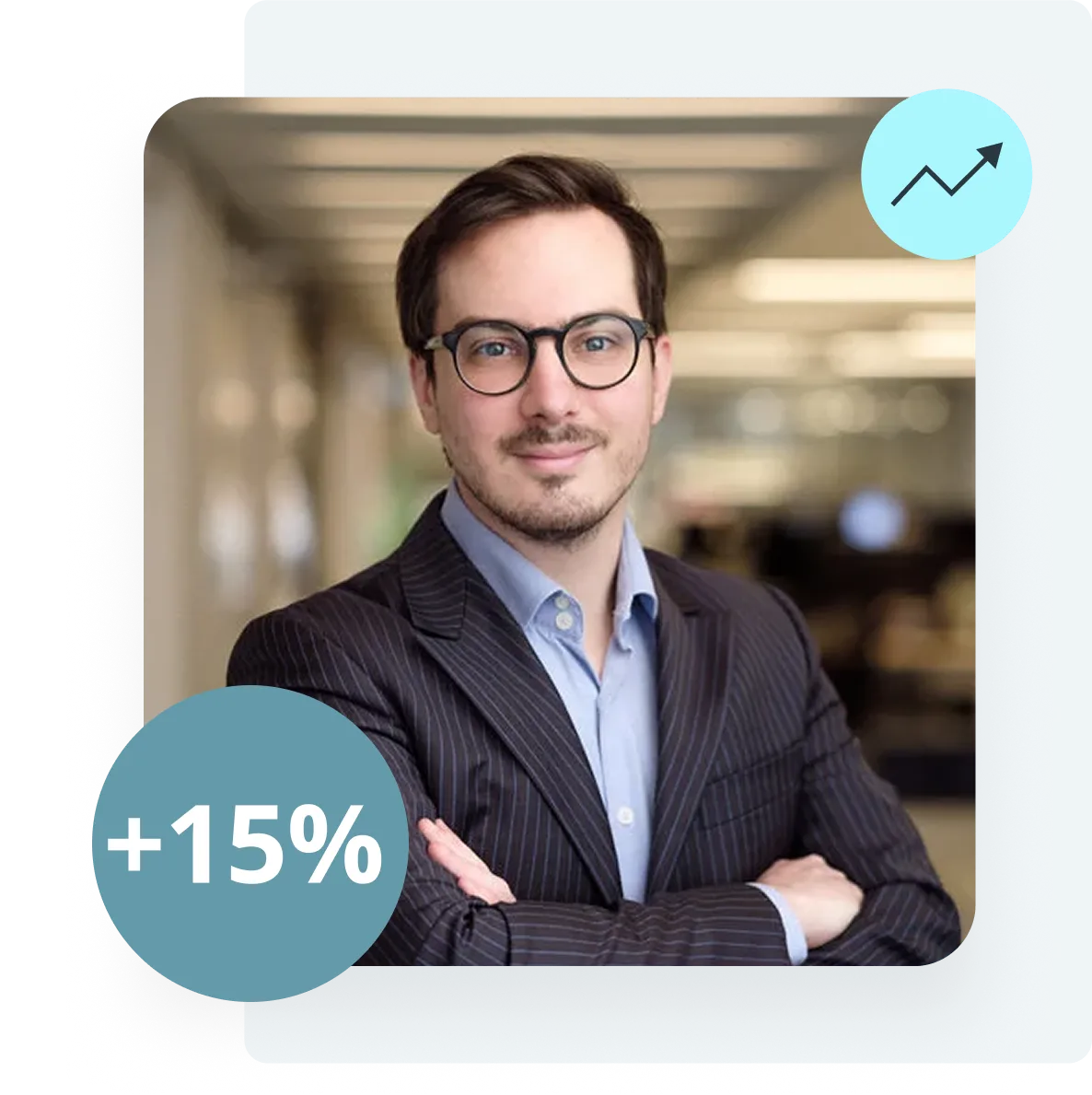 A man in a suit and glasses stands with arms crossed in an office setting. Overlays show a "+15%" symbol and an upward trending arrow.