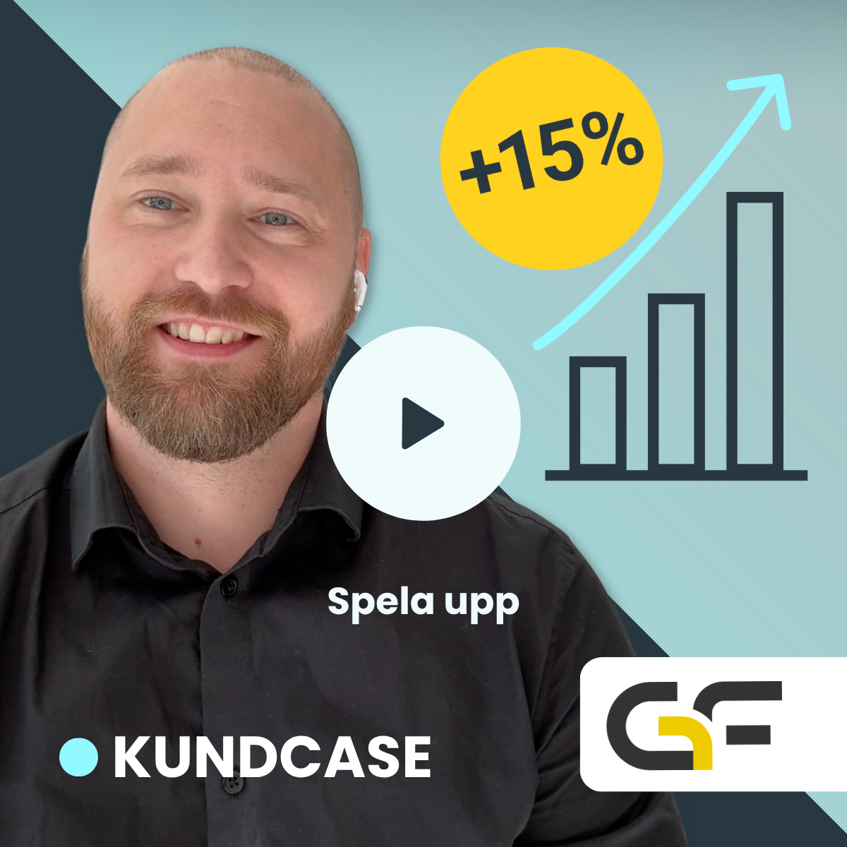 A man in a suit and glasses stands with arms crossed in an office setting. Overlays show a "+15%" symbol and an upward trending arrow.