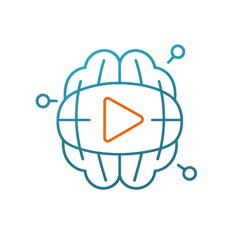 Neon teal brain outline with orange glowing play button in the center.