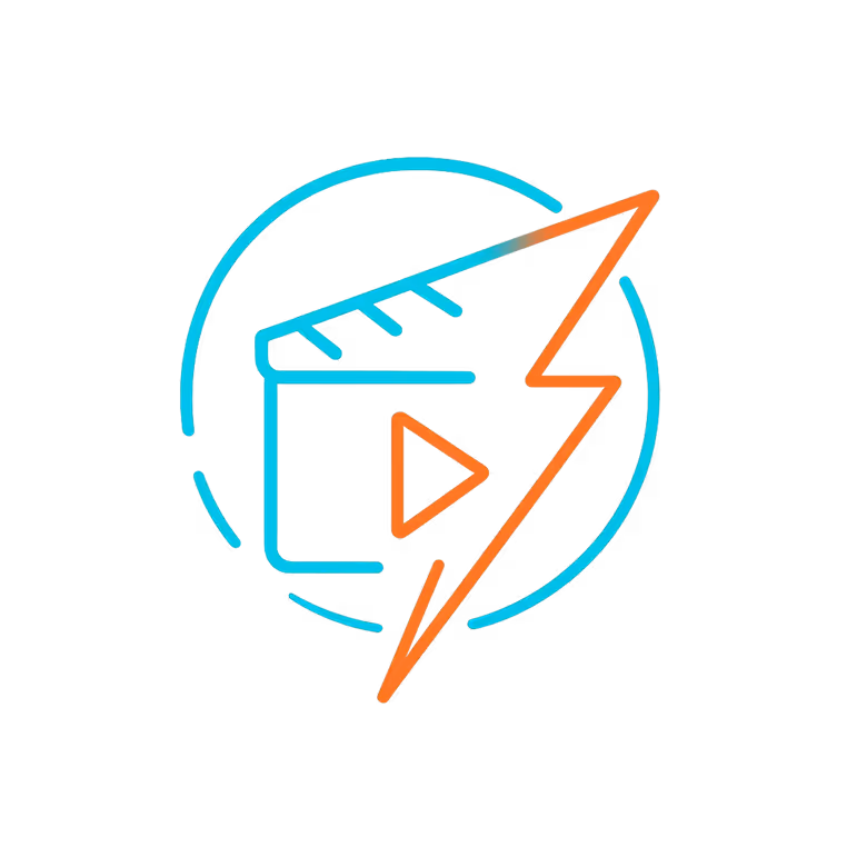 Neon lightning bolt with a glowing orange play button, teal circuit-like accents.