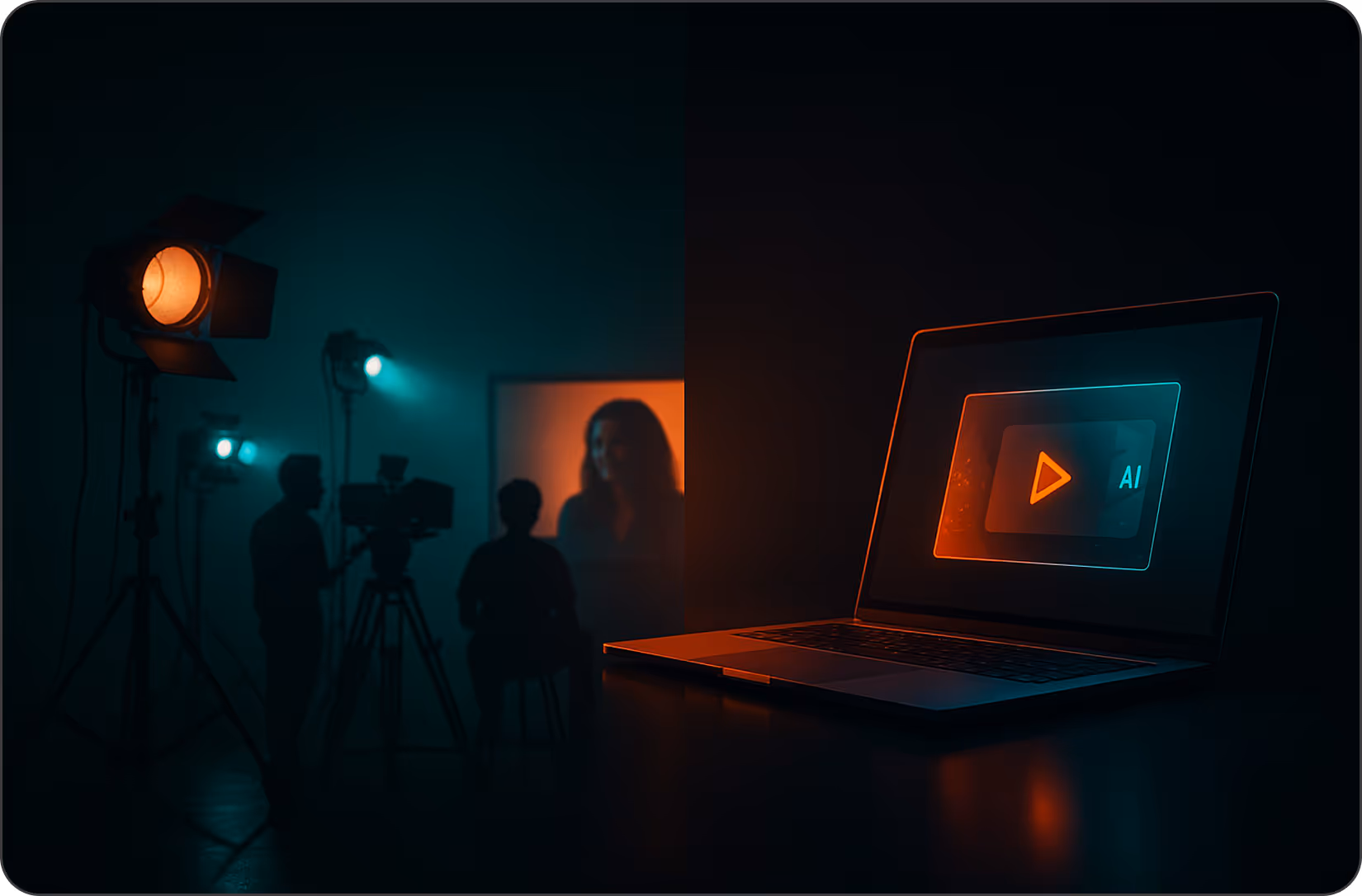 Professional studio setup with cameras and glowing monitors under orange/teal light.