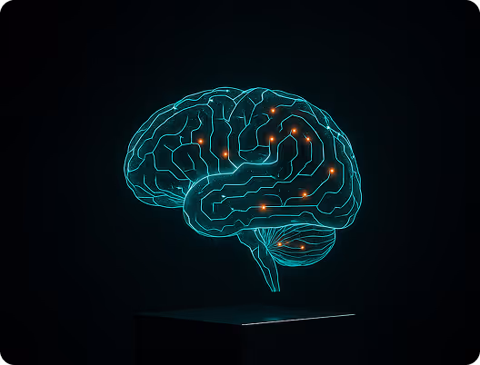 Neon teal holographic brain floating above a black pedestal.