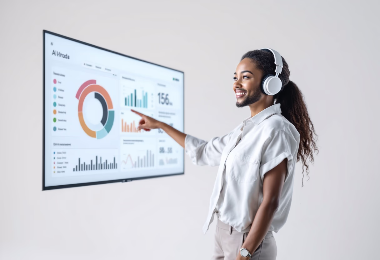 image of an ai engineer presenting healthcare software insights to colleagues for a healthcare ai company