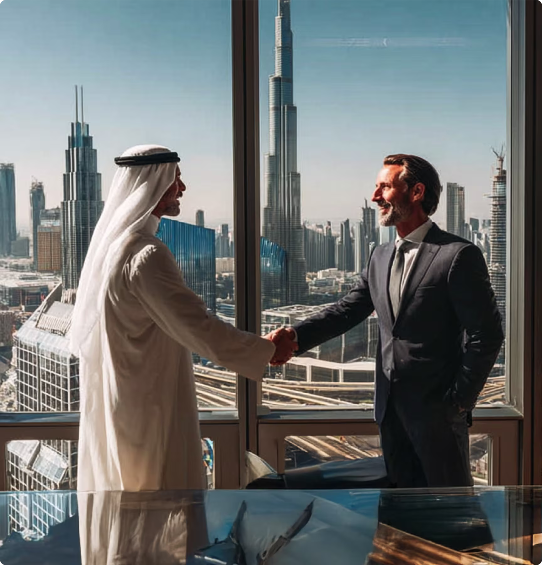 Two businessmen shaking hands in an office with a view of Dubai skyline and Burj Khalifa through large windows.