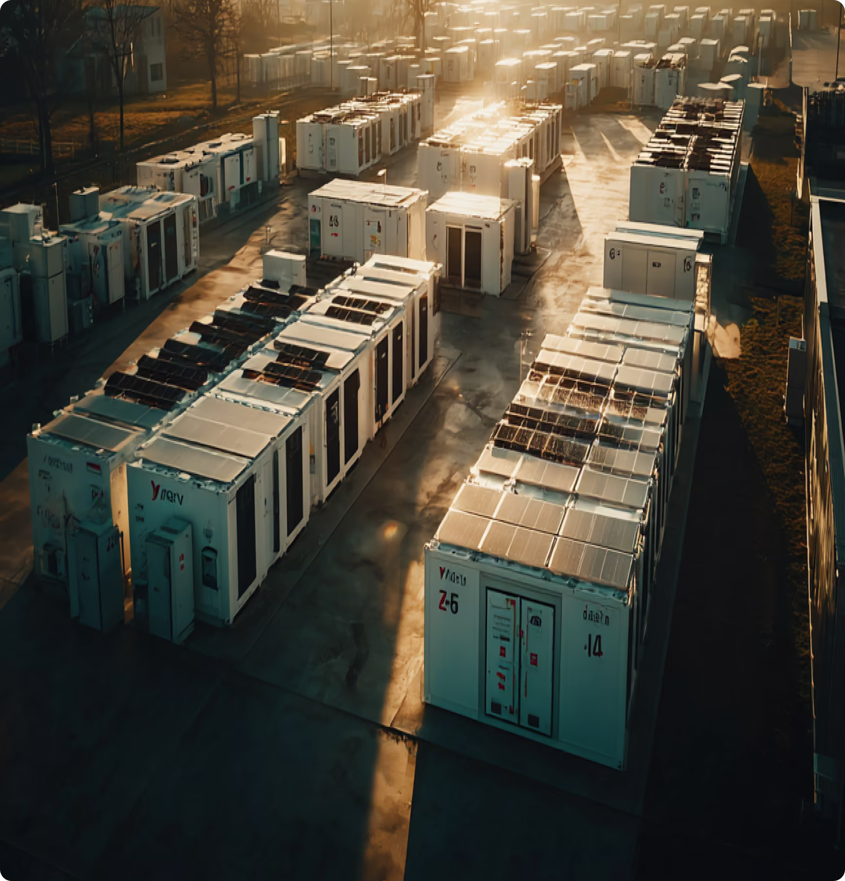 Rows of white electrical or utility boxes with solar panels on top, illuminated by warm sunlight.