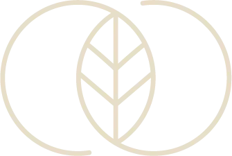 Abstraktes Logo aus zwei überlappenden Kreisen mit einem stilisierten Blatt in der Mitte.