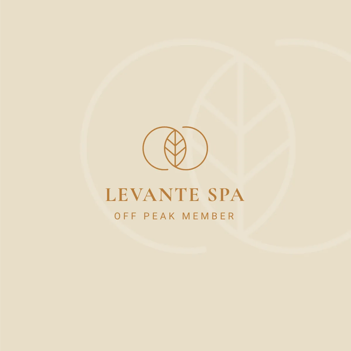 Logo von Levante Spa mit einem stilisierten Blatt zwischen zwei Kreisen über dem Text ‚Levante Spa‘ und ‚Off Peak Member‘ auf beigem Hintergrund.