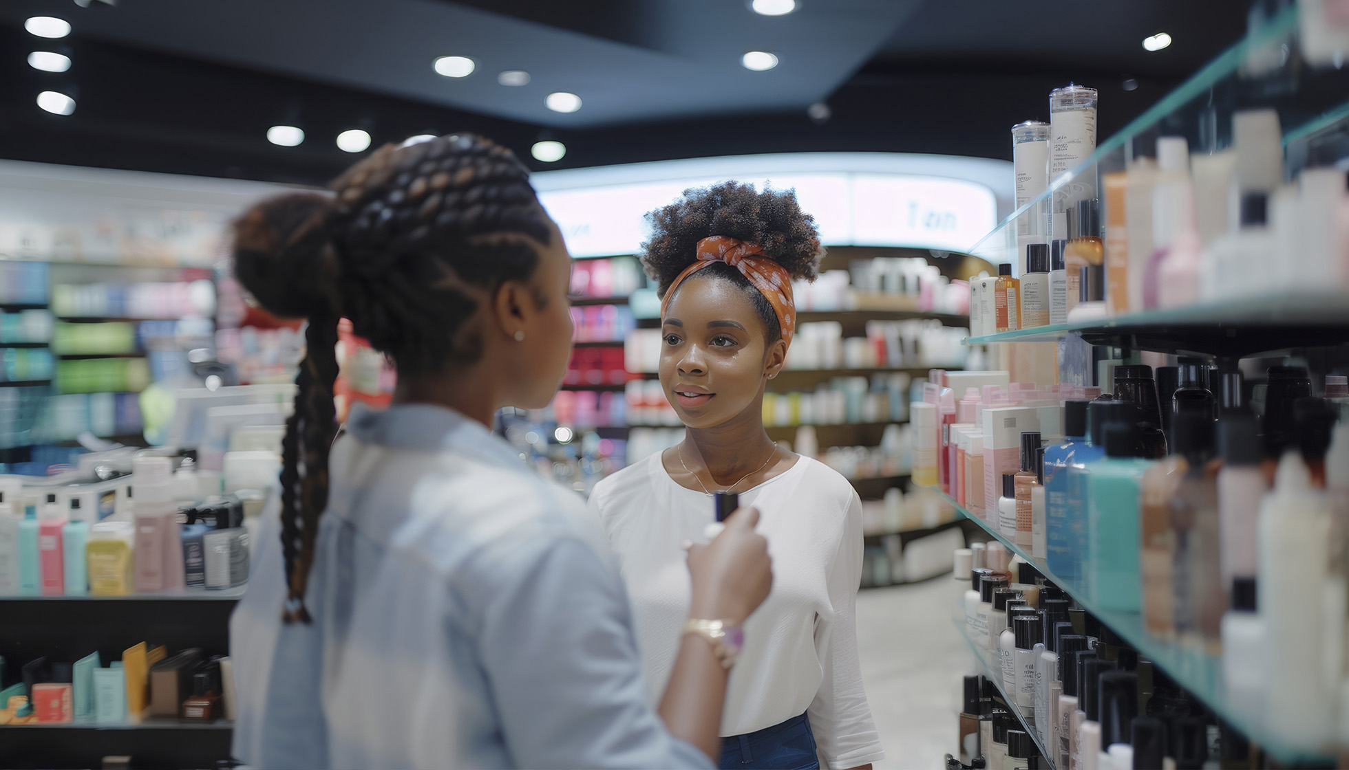 Deux femmes discutant dans un rayon de produits cosmétiques, illustrant l’expérience d’achat et la distribution de marques partenaires VerZ en magasin