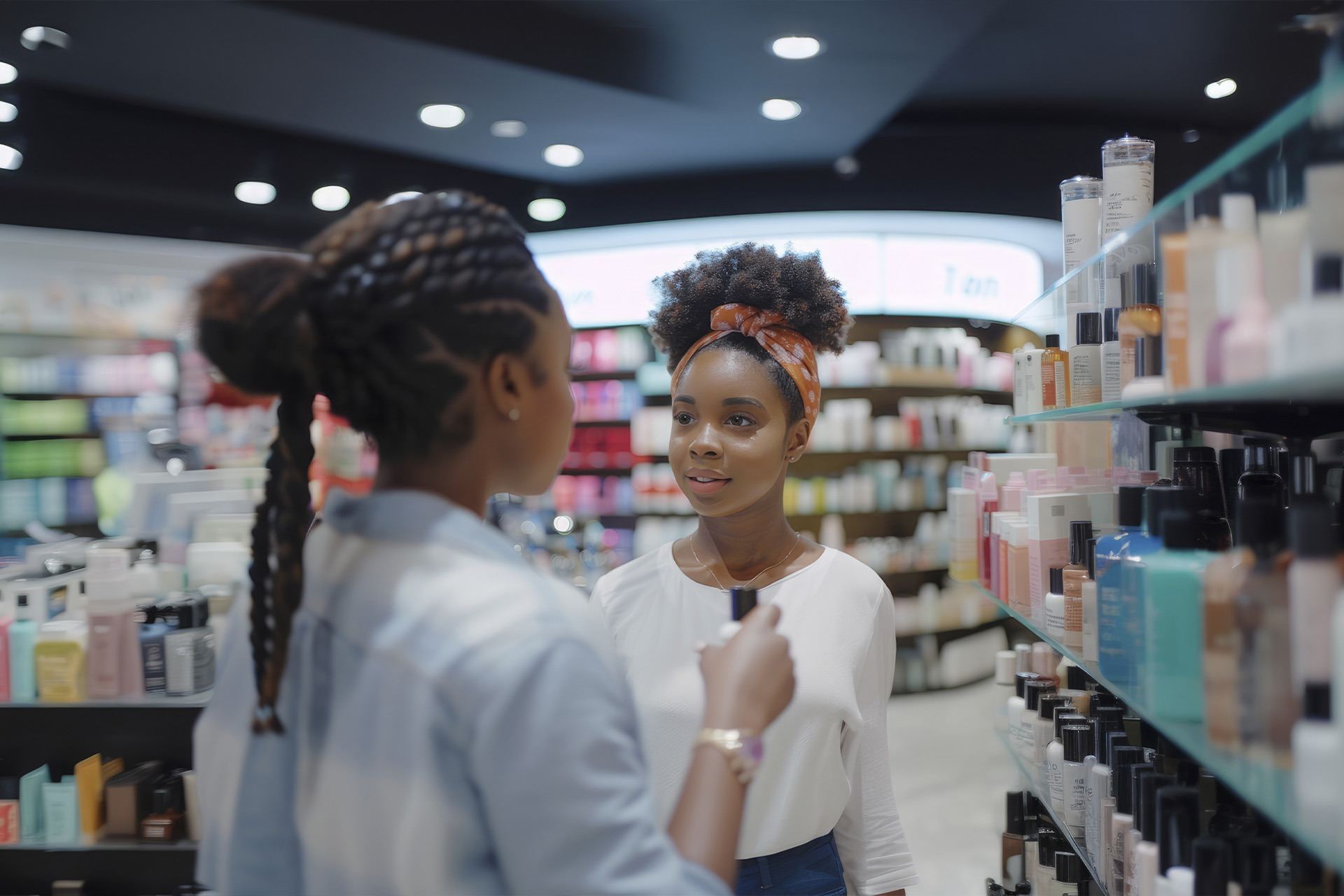 Deux femmes discutant dans un rayon de produits cosmétiques, illustrant l’expérience d’achat et la distribution de marques partenaires VerZ en magasin
