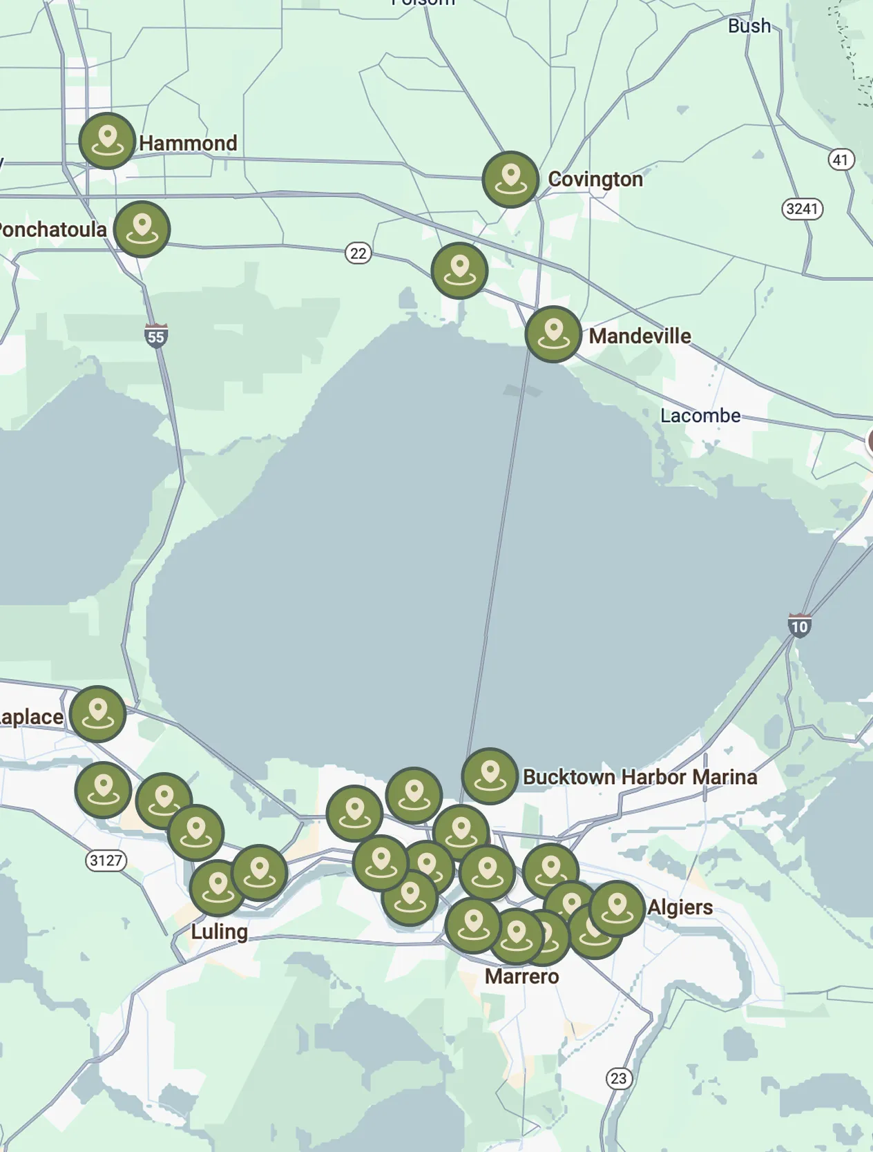 Map of Louisiana showing multiple location markers around Lake Pontchartrain