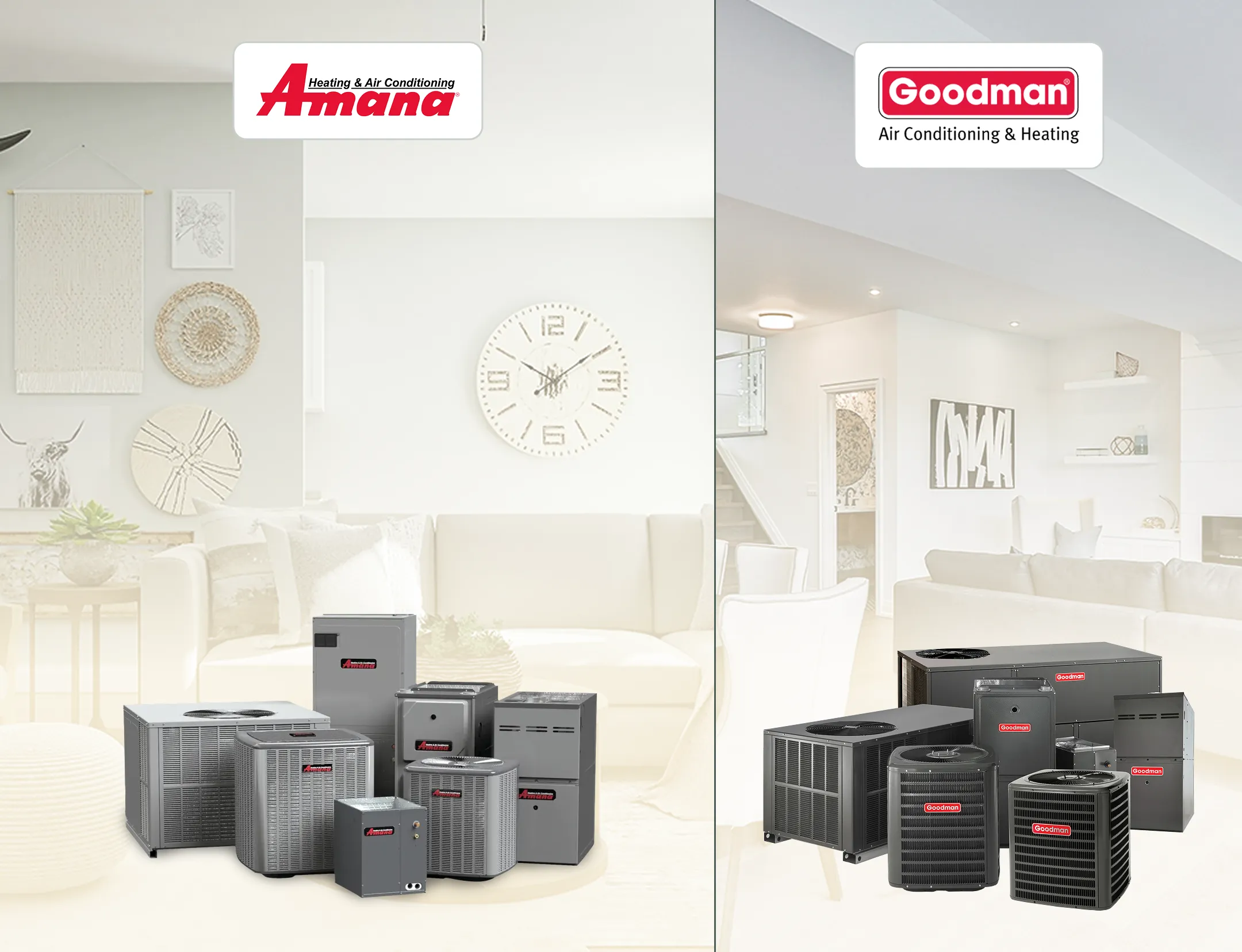 Comparison of Amana and Goodman air conditioning and heating units displayed in a living room setting.