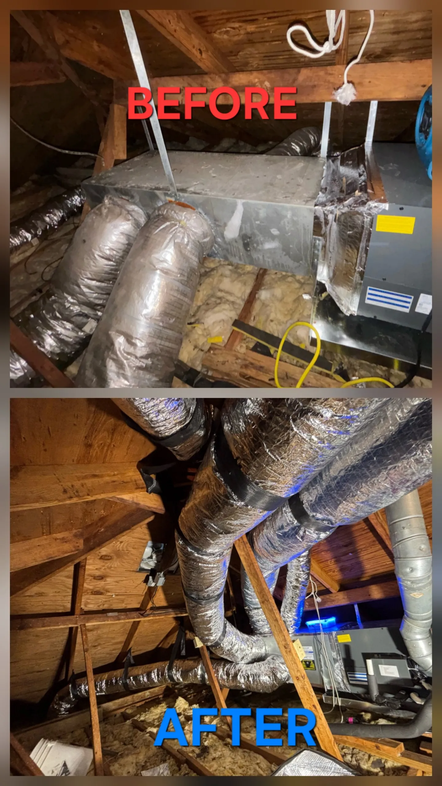 Before and after images of attic ductwork replacement showing old bulky duct on top and new sleek, insulated ducts neatly installed below.