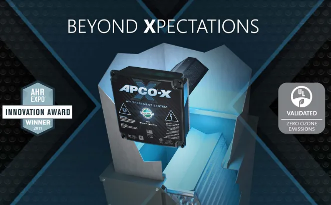 APCO-X air treatment system device displayed with the slogan Beyond Xpectations and badges for AHR Expo Innovation Award 2011 and UL validation for zero ozone emissions.