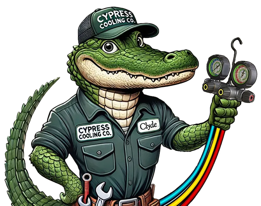 Cartoon alligator named Clyde wearing a Cypress Cooling Co. uniform and cap, holding HVAC pressure gauges with colorful hoses.