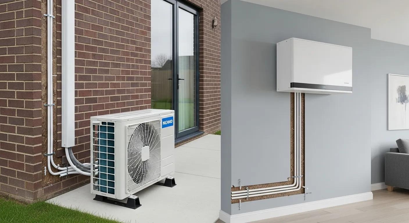 Outdoor and indoor units with refrigerant lines and mounting hardware for a ductless air conditioning system