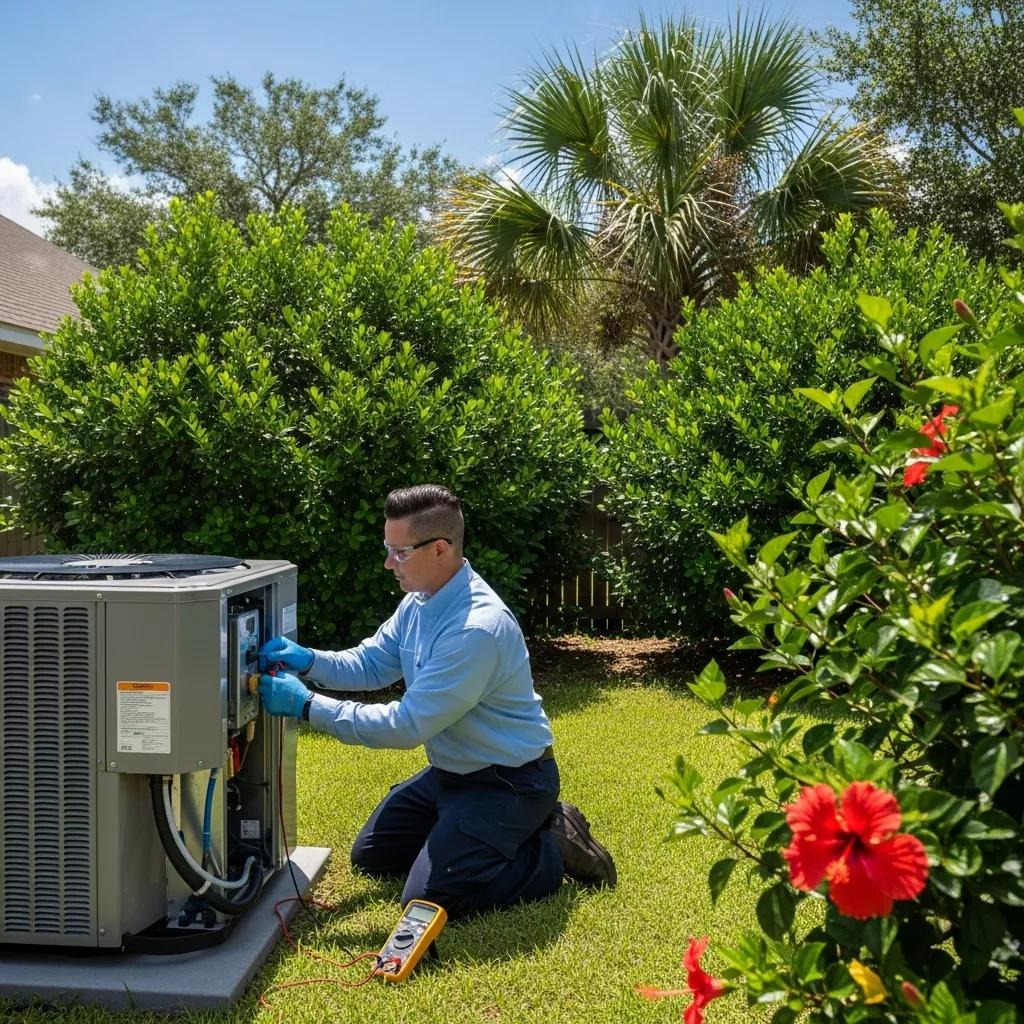 Technician performing HVAC maintenance in South Louisiana, preparing for summer heat