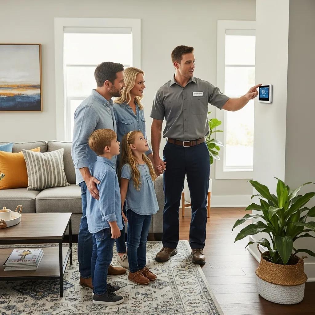 Family discussing HVAC emergency preparedness with technician in their home
