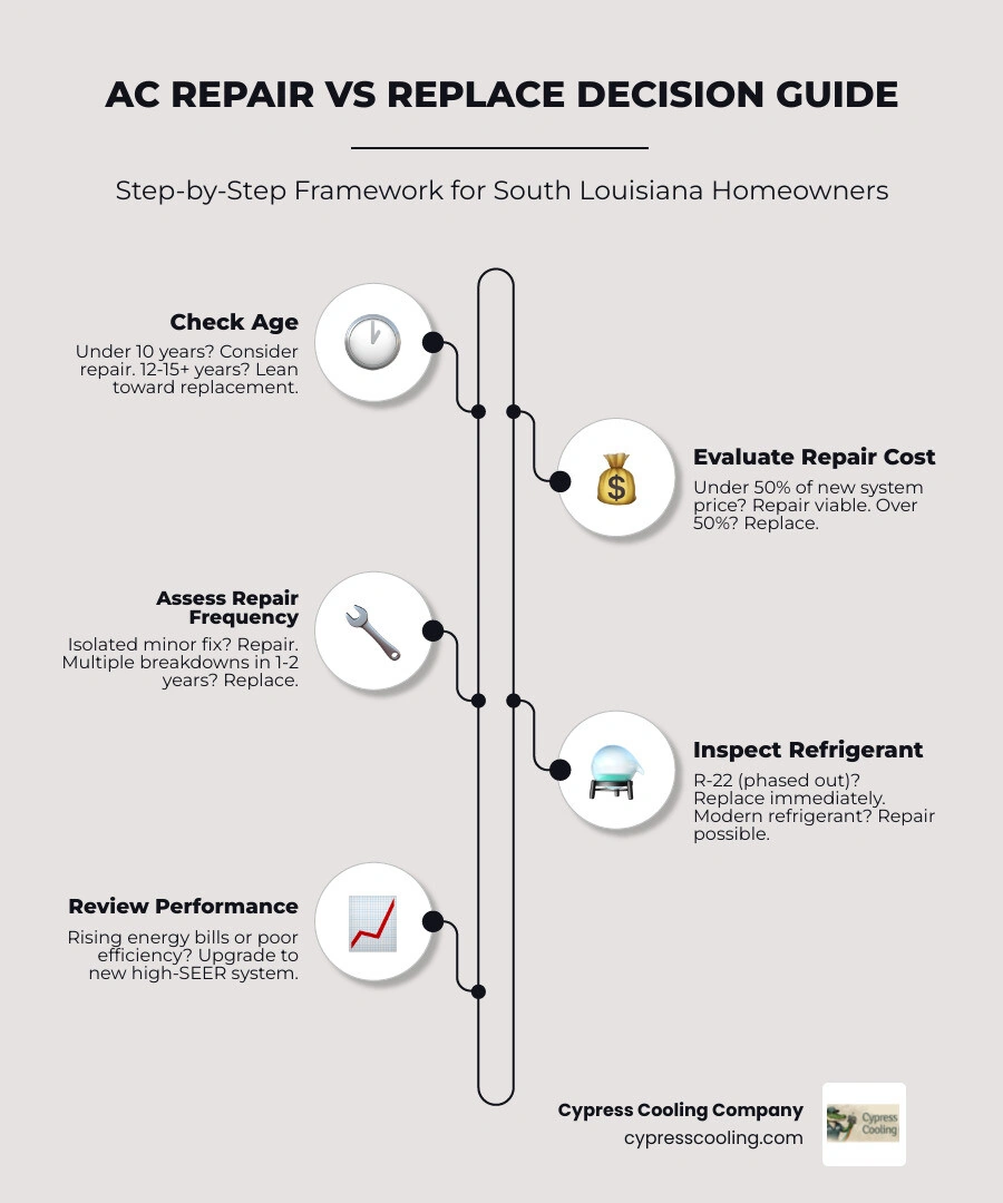 Infographic showing AC repair vs replace decision flowchart based on age, cost rules, refrigerant, and repair frequency
