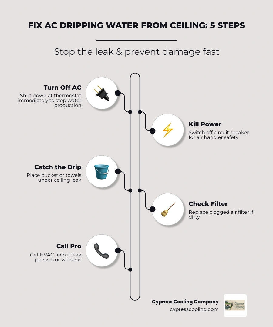 Infographic showing 5 steps to fix AC dripping water from ceiling with causes like clogged drain, frozen coil, and damaged