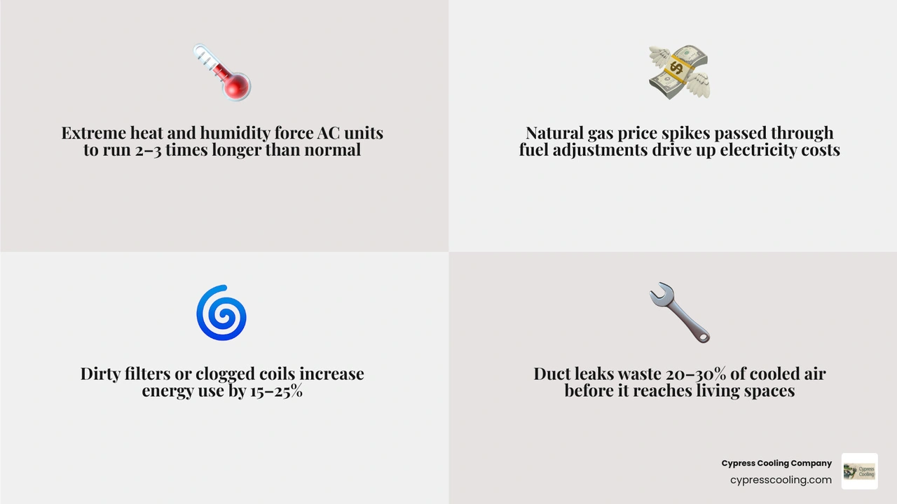 Infographic showing top causes of Louisiana summer AC bill spikes including heat humidity fuel costs and mechanical issues