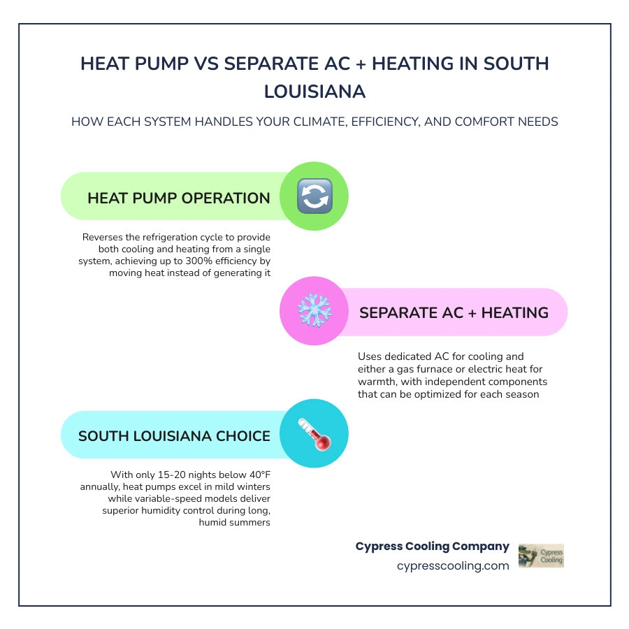 Infographic comparing heat pump vs separate AC and heating system for South Louisiana homes with efficiency, cost, and