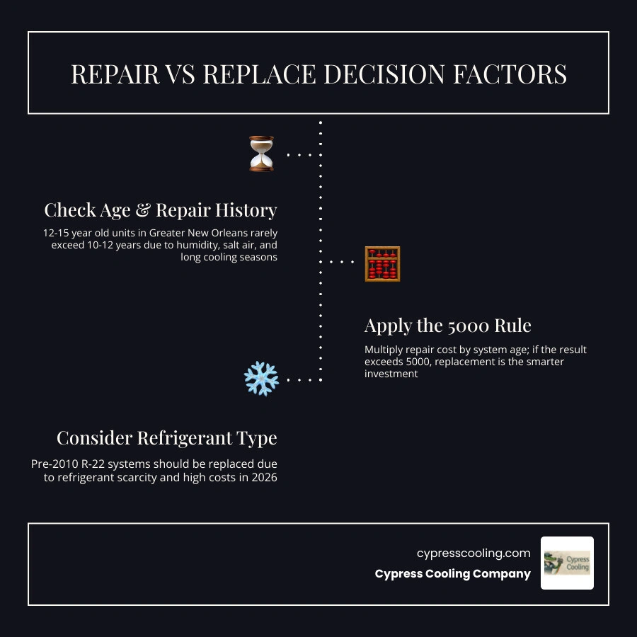 Repair vs replace decision guide infographic for 12-15 year old AC units in South Louisiana with key decision factors