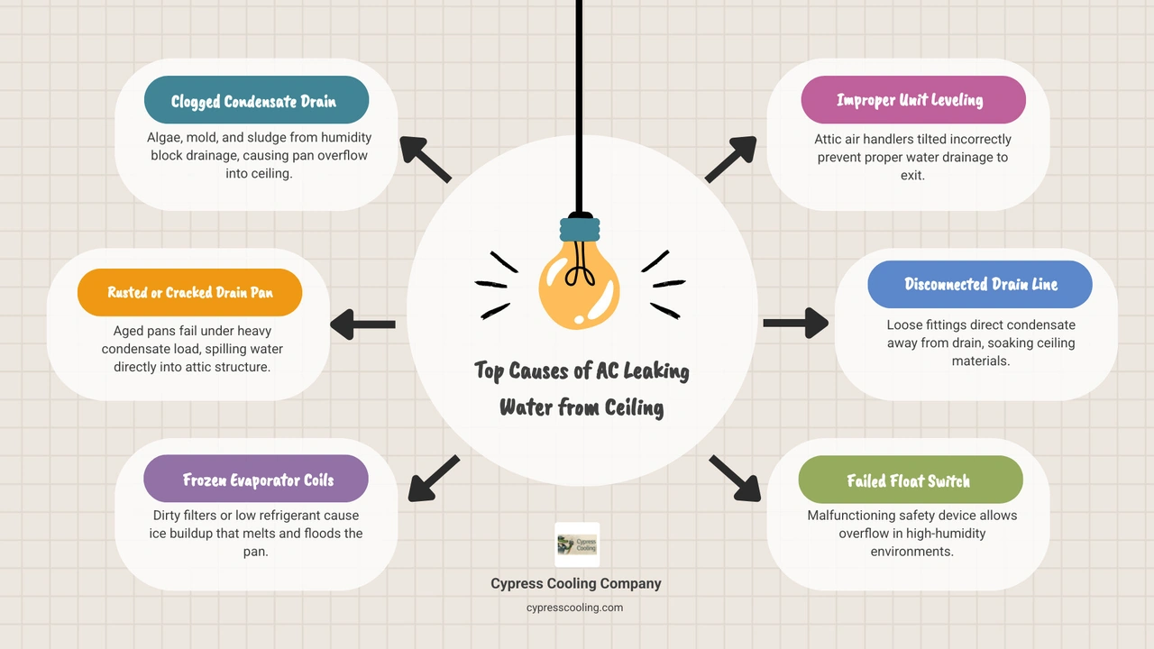 Infographic showing AC condensation process, drainage path, and top causes of ceiling leaks in Louisiana homes infographic