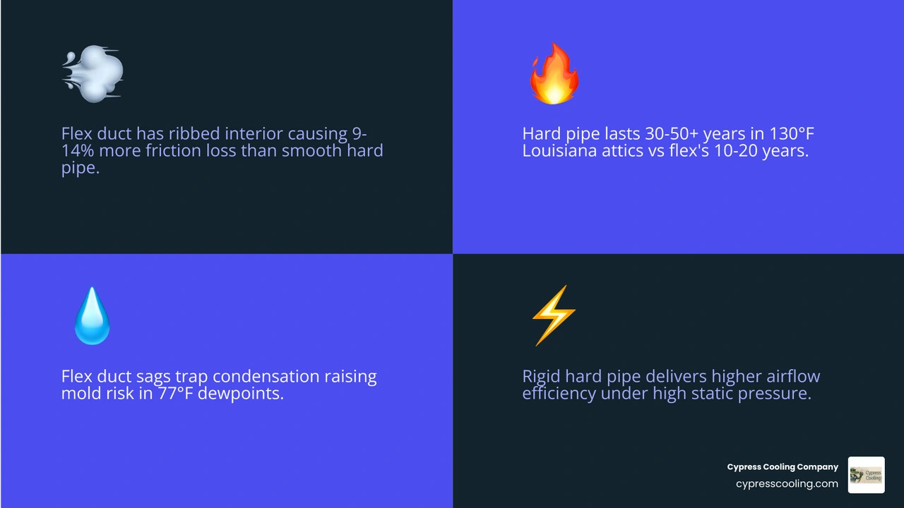 Comparison infographic: flex duct vs hard pipe ductwork performance factors for Louisiana climate infographic