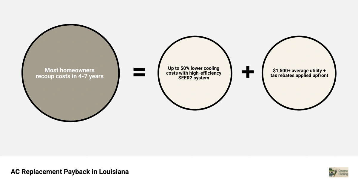 Infographic showing AC replacement payback period: SEER2 ratings, annual savings, utility rebates, and time to break even in