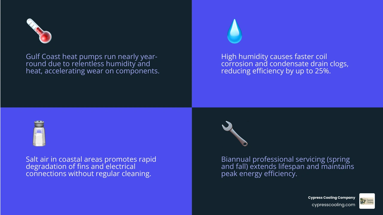 Infographic showing how Gulf Coast humidity impacts heat pump efficiency and recommended service schedule by system age