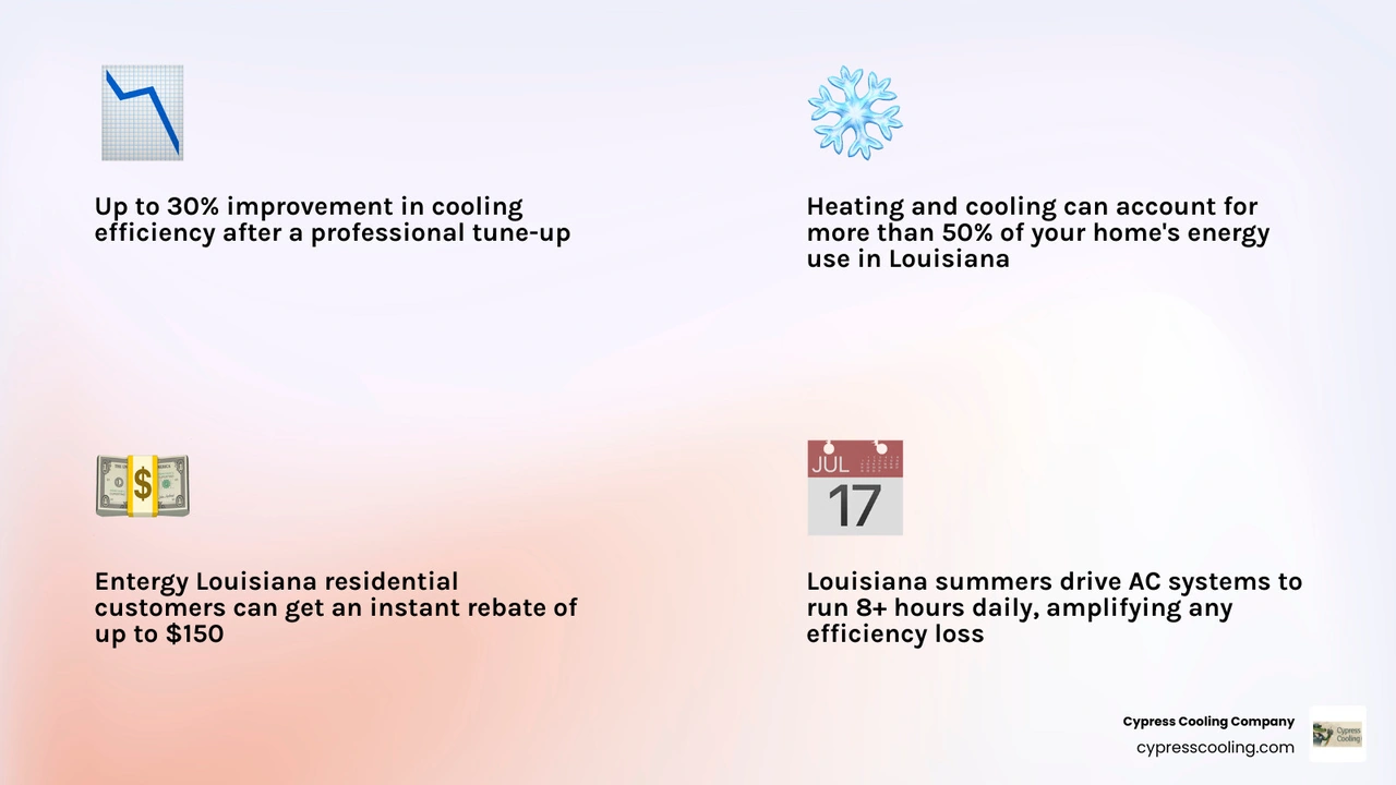 Infographic showing how AC tune-ups reduce summer cooling waste and lower Entergy Louisiana bills infographic Infographic showing how AC tune-ups reduce summer cooling waste and lower Entergy Louisiana bills infographic