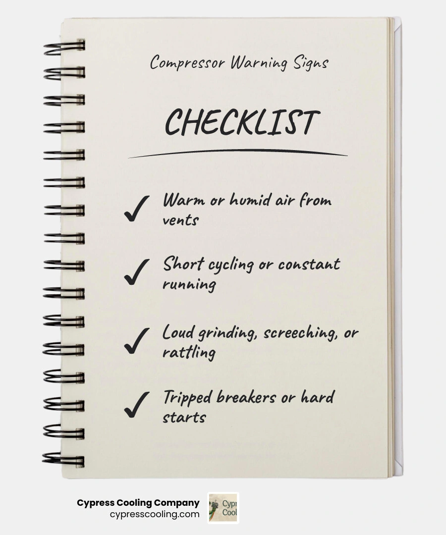 Warning signs of AC compressor failure in a Gulf Coast climate infographic with key symptoms listed infographic Warning signs of AC compressor failure in a Gulf Coast climate infographic with key symptoms listed infographic