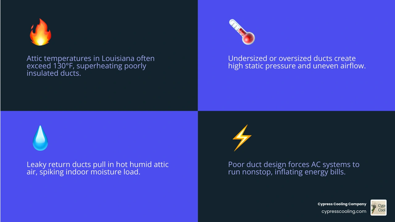 Infographic showing how poor duct design restricts airflow and forces AC to run constantly in Louisiana homes infographic Infographic showing how poor duct design restricts airflow and forces AC to run constantly in Louisiana homes infographic