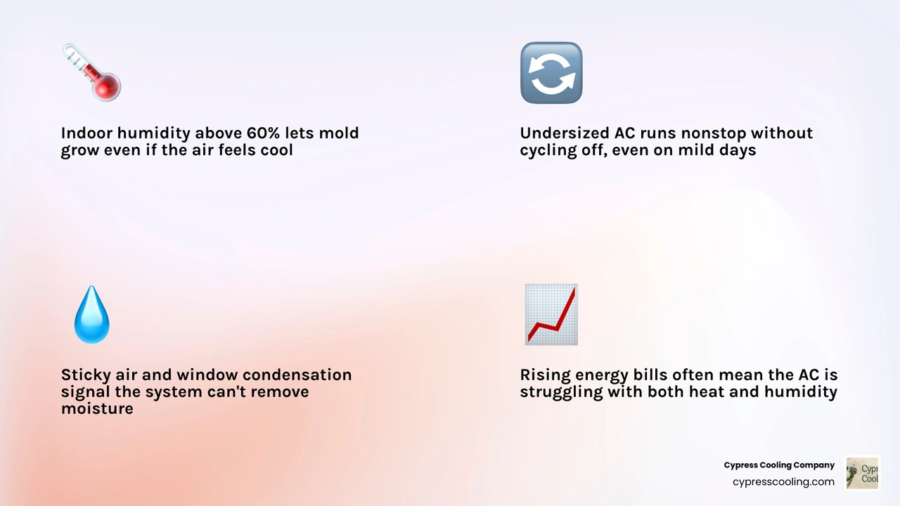 Infographic showing 6 signs of an undersized AC unit in a humid Gulf Coast climate with humidity and temperature thresholds Infographic showing 6 signs of an undersized AC unit in a humid Gulf Coast climate with humidity and temperature thresholds