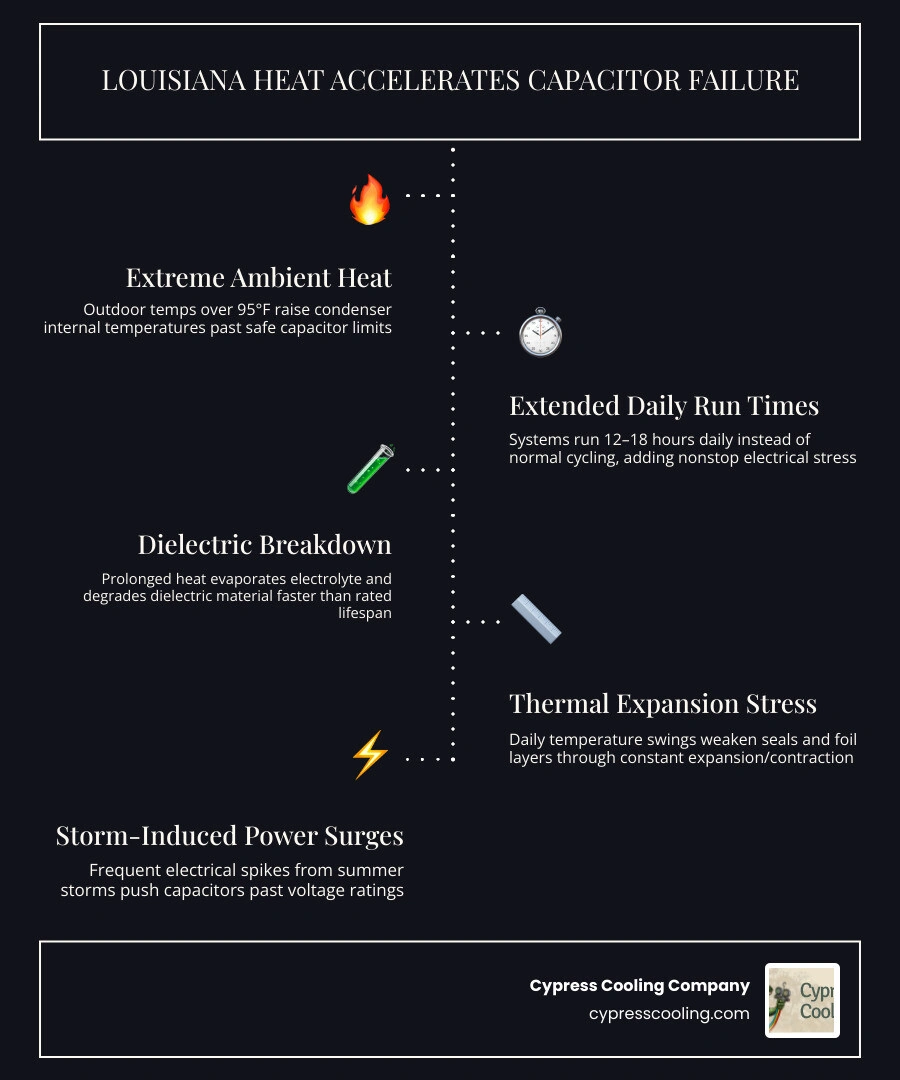 Infographic showing how AC capacitors store and release electrical energy and why Louisiana heat accelerates failure Infographic showing how AC capacitors store and release electrical energy and why Louisiana heat accelerates failure
