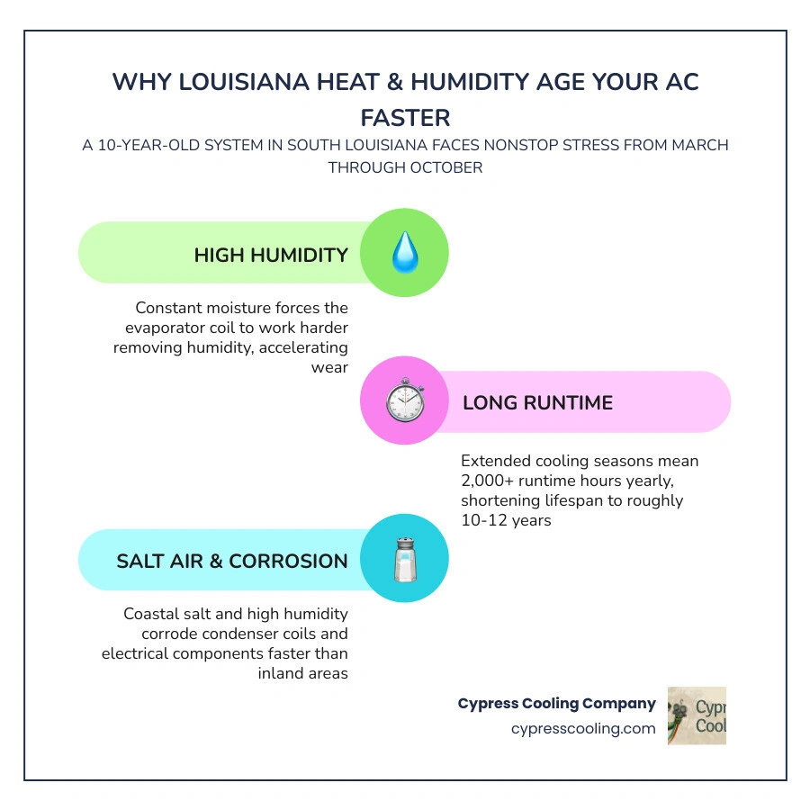 Infographic showing how Louisiana humidity and long cooling seasons accelerate AC aging and the top warning signs of Infographic showing how Louisiana humidity and long cooling seasons accelerate AC aging and the top warning signs of
