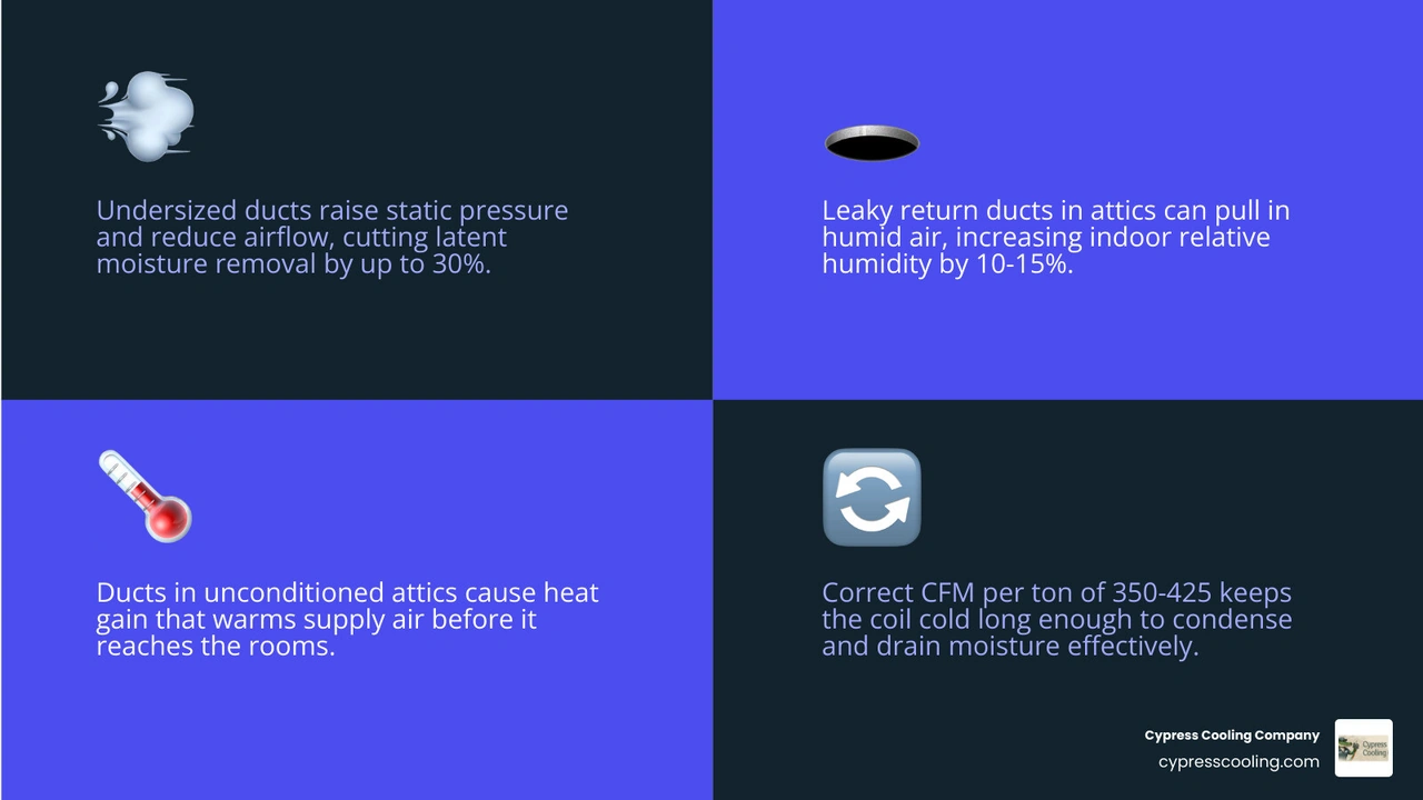 Infographic showing how duct design factors impact temperature vs moisture removal in a humid home infographic Infographic showing how duct design factors impact temperature vs moisture removal in a humid home infographic