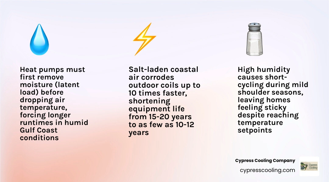 Infographic showing sensible vs latent cooling load and humidity impact on Gulf Coast heat pump performance infographic Infographic showing sensible vs latent cooling load and humidity impact on Gulf Coast heat pump performance infographic
