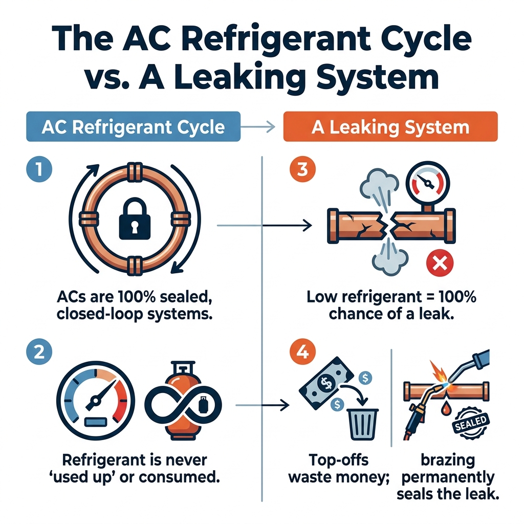 The AC Refrigerant Cycle vs. A Leaking System