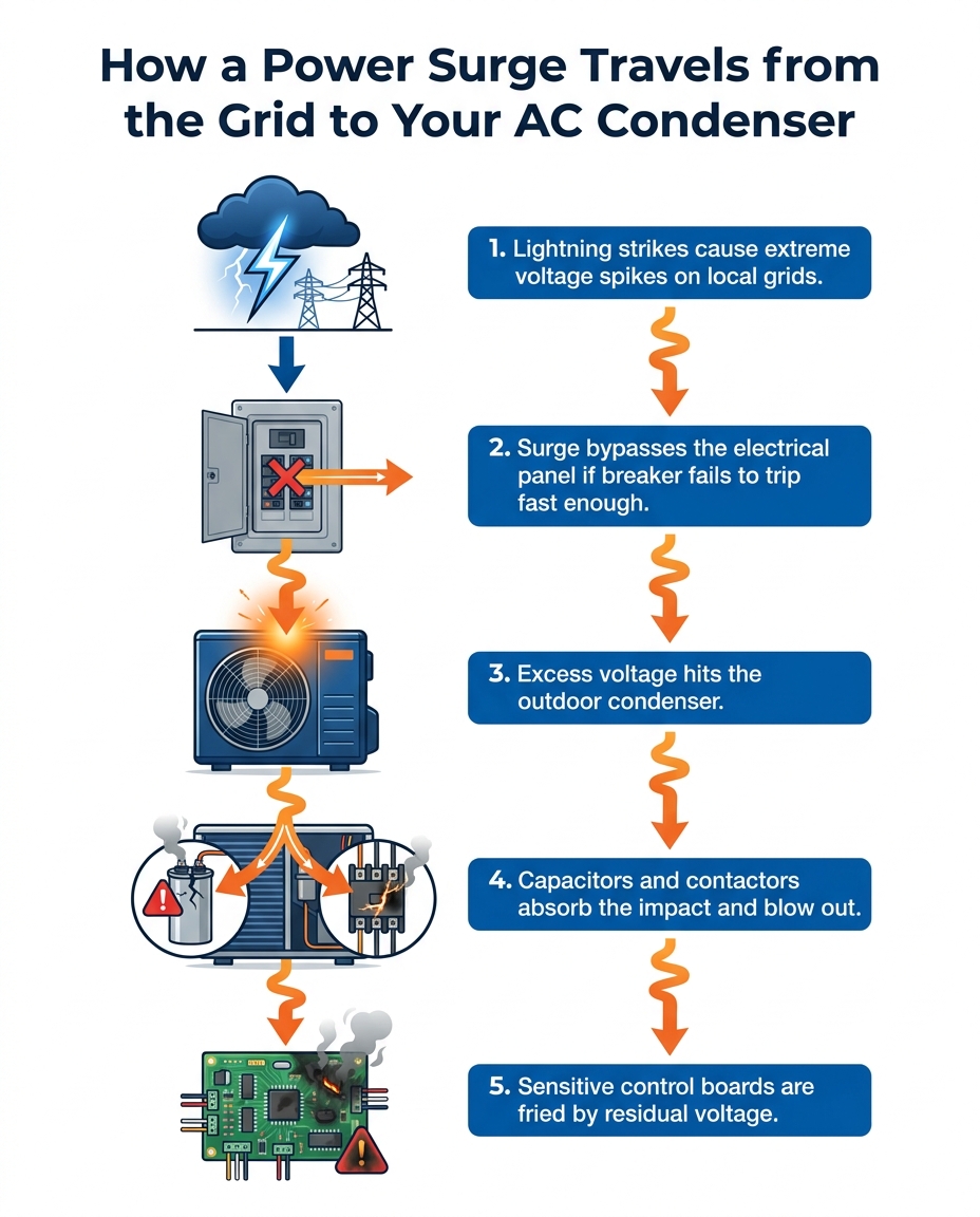 How a Power Surge Travels from the Grid to Your AC Condenser