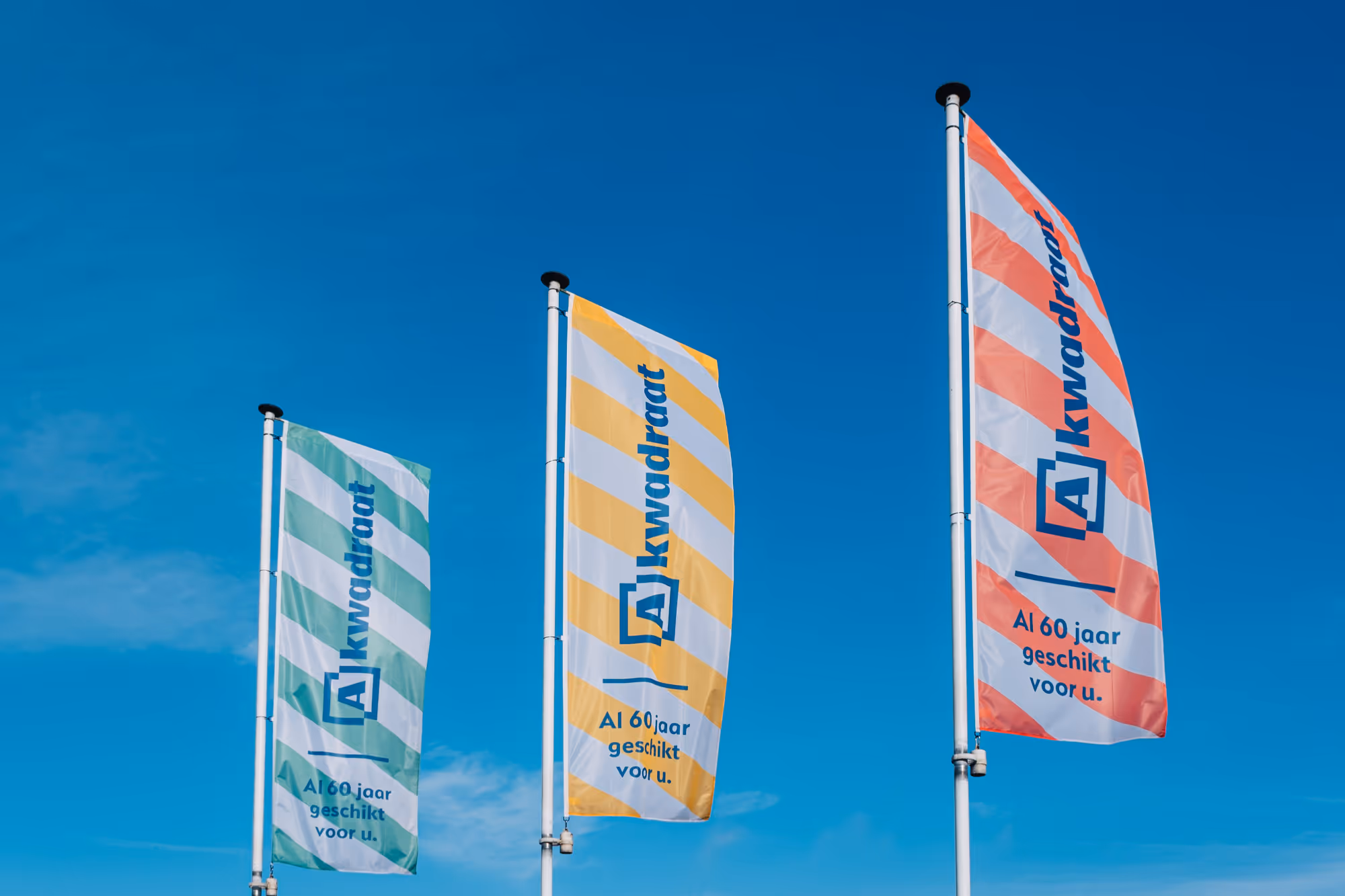 Three vertical flags on poles against a bright blue sky. The flags have diagonal stripes in green, yellow, and red, with stylized text and a logo.