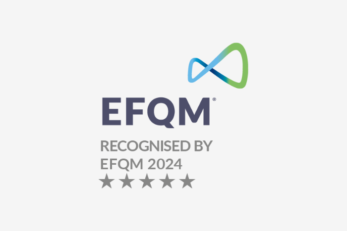 EFQM logo with an abstract blue and green spiral shape above the text "EFQM Recognized by EFQM 2024" with five stars underneath.