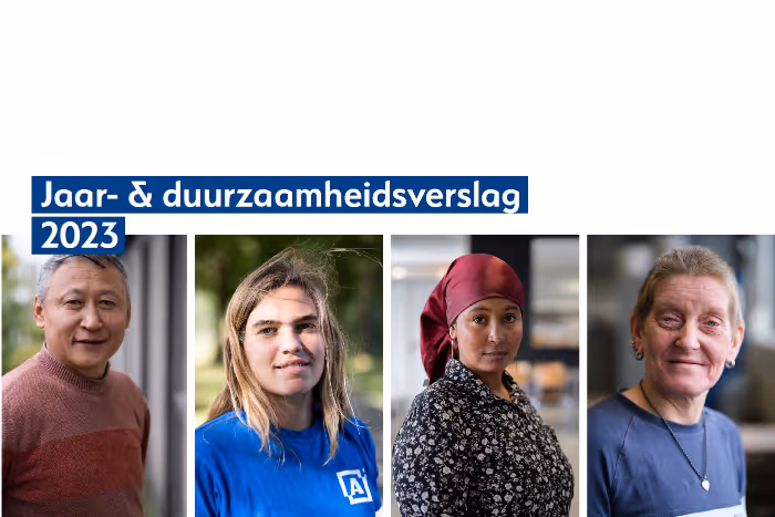 Four different people are depicted in a collage on a shared screen, with different expressions. The text on the banner reads "Annual & Sustainability Report 2023."