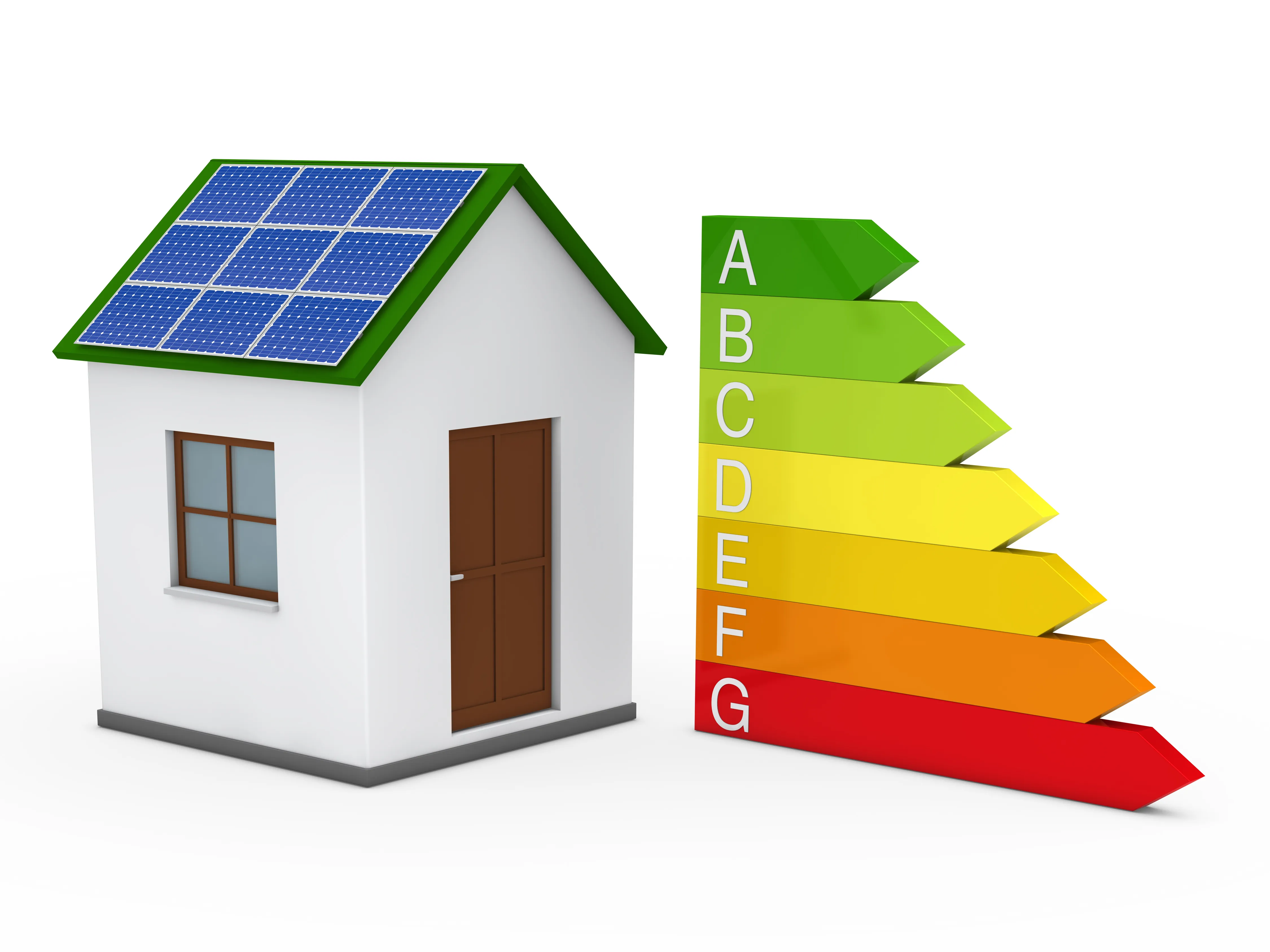 Haus mit Energieeffizienzskala – Symbol für energieeffizientes Bauen und nachhaltige Architektur