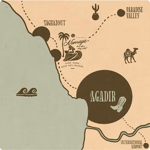 Marocco map to demonstrate where is Nomaya surf house on the map and a link of the exact location 