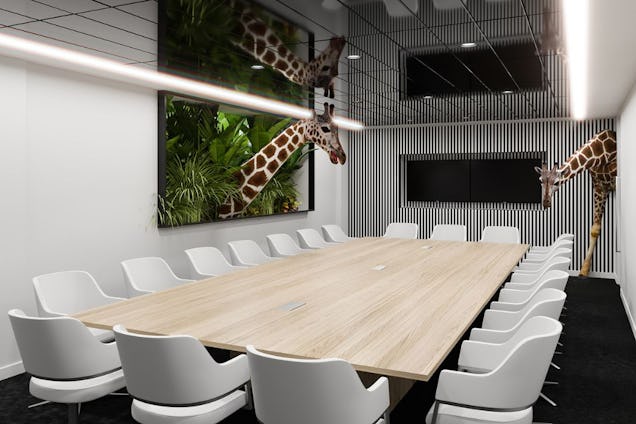 Boardroom with a wooden table and white chairs, featuring a mirrored ceiling and surreal 3D giraffes appearing to enter the room.