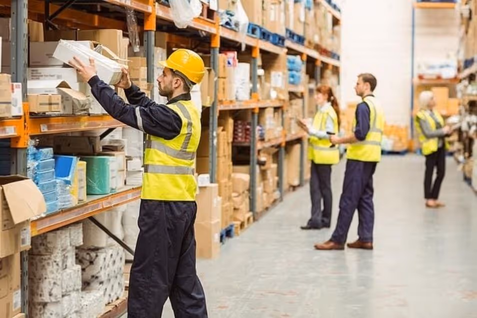 Workers in warehouse uniform putting boxes on shelves