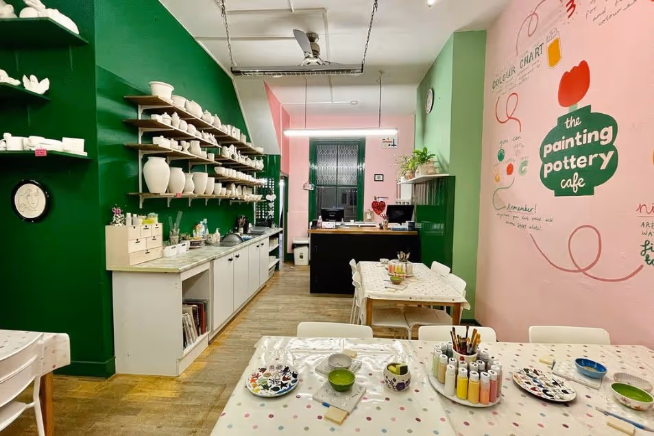 The Painting Pottery Cafe with paints everywhere to paint your pieces